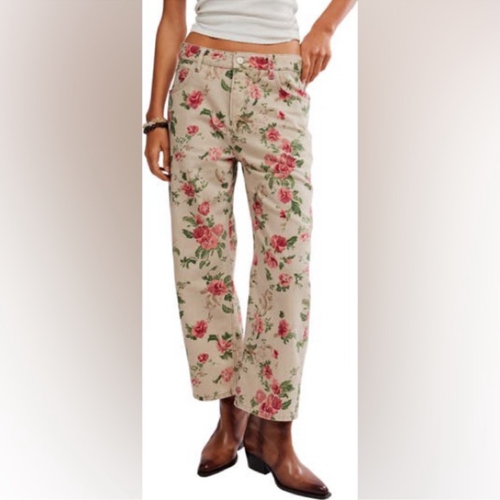 Rare We the Free People Deep Trance Floral Wallpaper Barrel Wide Leg Jeans - Picture 2 of 6